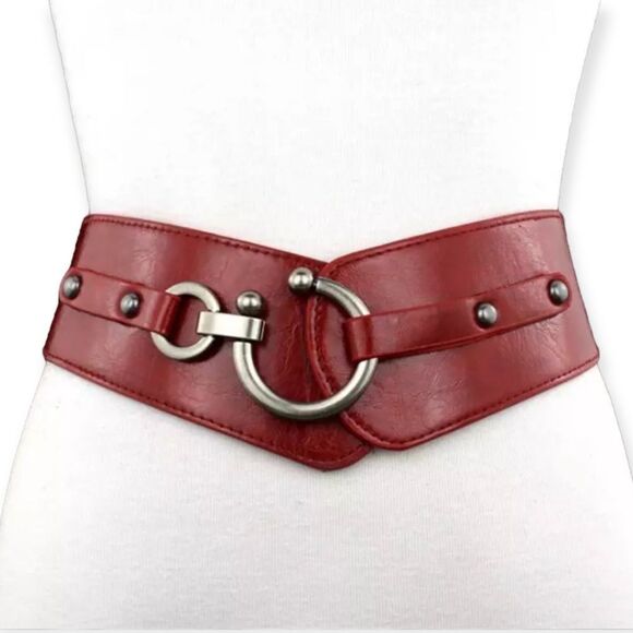 Red Leather Brush Nickel Wide Statement Belt - NEW